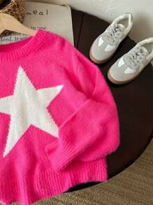 LMoss Kids Tween Girl Star Pattern Round Neck Drop Shoulder Sweater, Sibling Outfits,In Fall/Winter - Hot Pink - View 5