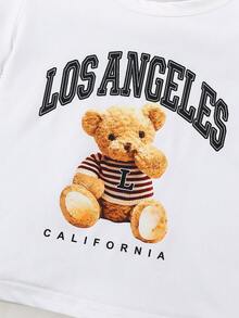 男婴休闲熊和字母印花短袖上衣搭配破洞牛仔裤套装，春夏 - 深色水洗藍 - 查看 6