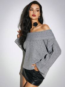 Poéselle 秋季新款不对称露肩针织套头衫毛衣，露肩毛衣，绒面毛衣，条纹毛衣，圣诞毛衣，2024秋冬款 - 深灰色 - 查看 4