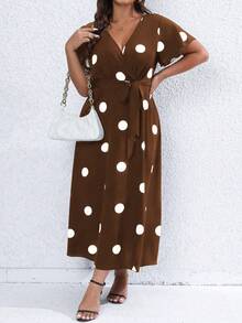 SHEIN Franclia Plus Size Women's Summer Polka Dot Print Crossover V-Neck Short Sleeve Dress - Brown - View 5