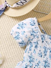 SHEIN Floral Printed Shirred Puff Sleeve Dress For Young Girls - White - View 5