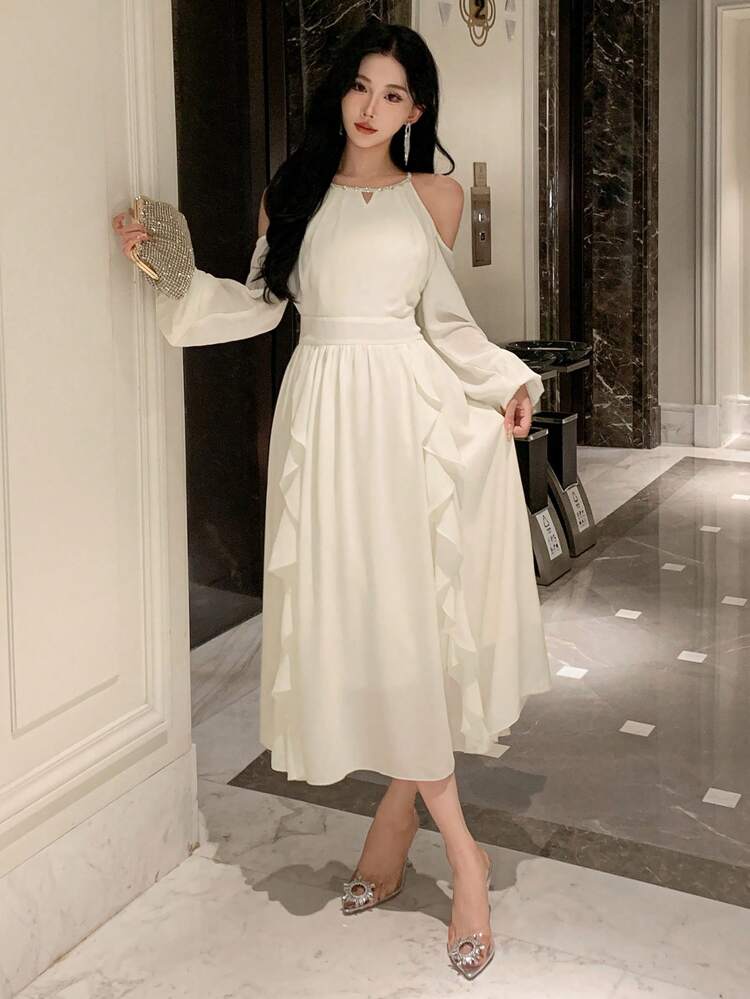 Women's Solid Color Ruffled Collar Hollow Out Elegant Long Sleeve Dress, Birthday ,New Year Eve Prom Dress,Fall Clothes,Back To School Clothes Maxi Dress