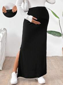 SHEIN Maternity Casual Solid Side Slit Skirt, Spring/Autumn - Black - View 3