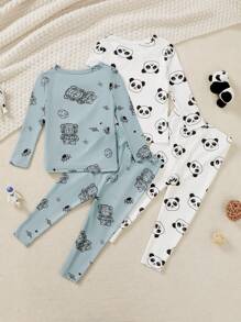 4 件套新生男婴紧身休闲服装套装：数码印花太空熊圆领长袖衬衫 + 配套印花裤，数码熊猫印花圆领长袖衬衫 + 配套印花裤 - 彩色 - 查看 2