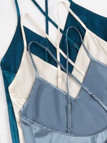 SilkySpell 3pcs Solid Color Silky Imitated Silk Backless Sexy Cami Top & Shorts Sleepwear Set - Multicolor - View 4