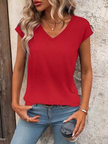 EMERY ROSE Áo thun nữ tay ngắn cổ chữ V trơn đơn giản, trang phục mùa hè cho năm mới - Đỏ - Xem 3