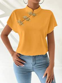 SHEIN Privé Camisa de manga corta con botones al frente de estilo chino para mujer - Amarillo - Ver 4