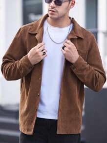 Manfinity VCAY Men's Oversized Drop Shoulder Square Collar Woven Shirt Jacket, Suitable For Autumn - Brown - View 1