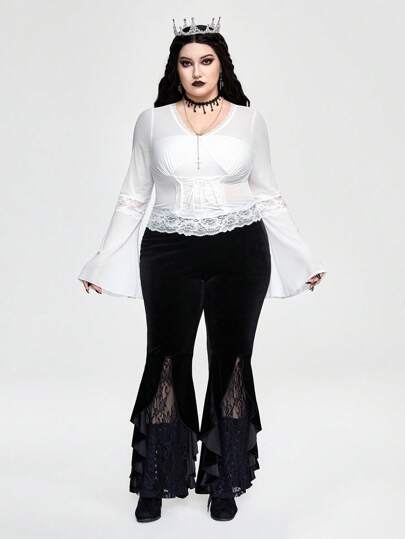 Goth Blusa sexy de cuello en V con contraste de encaje para mujeres de talla grande