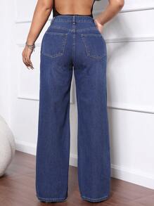 SHEIN SXY Jeans de pierna ancha con cierre delantero, bolsillos múltiples, desgastados, con estampado de estrellas - Azul lavado oscuro - Ver 2
