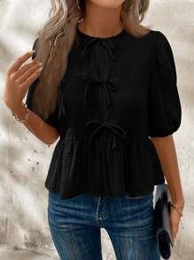 SHEIN Clasi Women's Summer Tie Front Cropped Blouse With Ruffle Hem And Puff Sleeves, Peter Pan Collar,Long Sleeve Tops