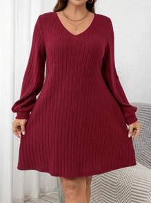 SHEIN Clasi Plus Size Women Wine Red Wide Ribbed Short Dress - Burgundy - View 5