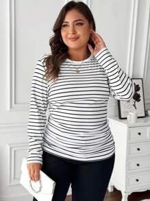 SHEIN LUNE T-shirt rayé vintage à manches longues et col rond, casual, grande taille, pour femmes, vêtements d\'automne - Noir et Blanc - Voir 5