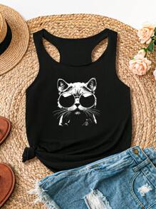 Attitoon Casual Simple Cat Print Women Tank Top, Summer Tank Top Top
