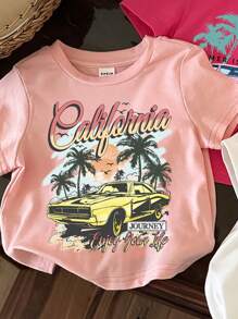 SHEIN 3 件套女婴休闲简约短袖圆领上衣，复古西式风格，适合夏秋季节，含棉