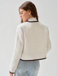 Enchnt Autumn Romantic Women's Sweetheart Contrast Color Bow-Decor Hem Elegant Short White Tweed Jacket
