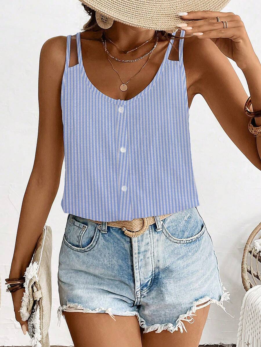 SHEIN Holidaya Áo sơ mi sọc mùa hè dành cho nữ có nút trang trí thường ngày - Màu xanh lam - Xem 1