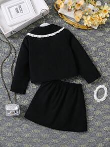 SHEIN 2 件装年轻女孩优雅黑白领上衣，带蝴蝶结设计，搭配黑色短裙套装，适合派对/冬季 - 棕色 - 查看 2