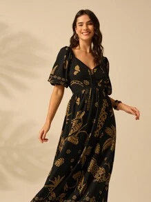 CAJUNI Women's Vacation Boho Casual Beach Tropical  Coconut Tree And Leopard  Prints Half-Sleeved Bishop Sleeve Summer Dress