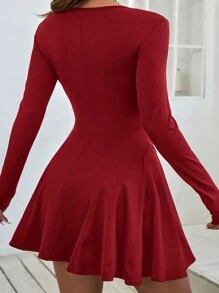 SHEIN VCAY Plus Size Women's Spring And Summer Solid Color Crew Neck Long Sleeve Fitted Elegant Short Dress - Red - View 2
