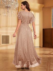 SHEIN Belle Elegante y glamuroso vestido largo de lentejuelas de mujer con cuello redondo, manga corta de volante - Rosa vieja - Ver 2