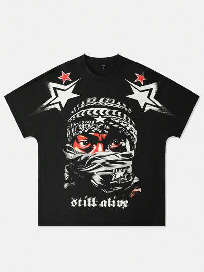 ROMWE MEN Street Life Camiseta de manga corta con estampado gráfico de corte holgado vintage para hombre, estilo de calle alta