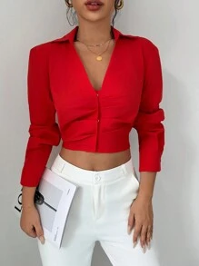 RosyDaze 女士 V 领长袖褶皱商务优雅迷人成熟衬衫新年衣服女士衬衫，长袖上衣 - 紅色 - 查看 4