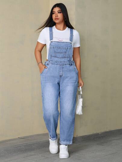 SHEIN ICON Plus Size Women's Summer Pocket Casual Versatile Denim Bib Overalls