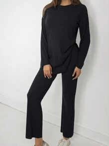 Drop Shoulder Split Hem Tee & Pants - Navy Blue - View 6