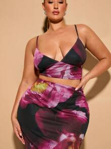 SHEIN BAE 大码女式夏季度假印花吊带背心长裙两件套 - 玫紅色 - 查看 4