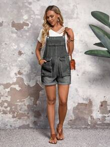 SHEIN LUNE Women's Solid Color Simple Daily Denim Jumpsuit - Grey - View 3