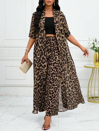 SHEIN Lady Chemisier femme manches longues élégant imprimé léopard tressé noir et marron pour l'automne et l'hiver, Pantalon femme imprimé léopard tressé