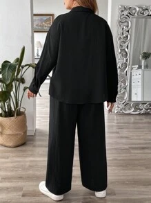 SHEIN VCAY 2pcs Plus Size Women's Casual Loose Fit Solid Color Drop Shoulder Long Sleeve Blouse And Pants Set, Spring Summer - Black - View 2