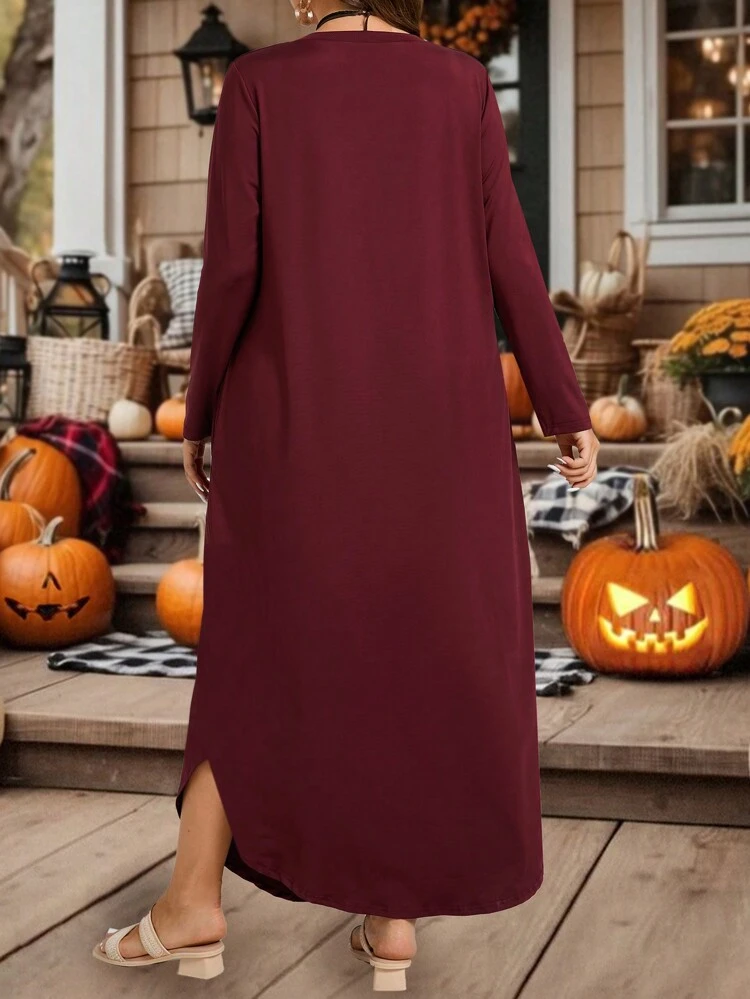Plus Size Women's Halloween Character & Letter Print Long Sleeve Dress,Thanksgiving Dress,Maroon Dress,Long Women Dresses,Fall