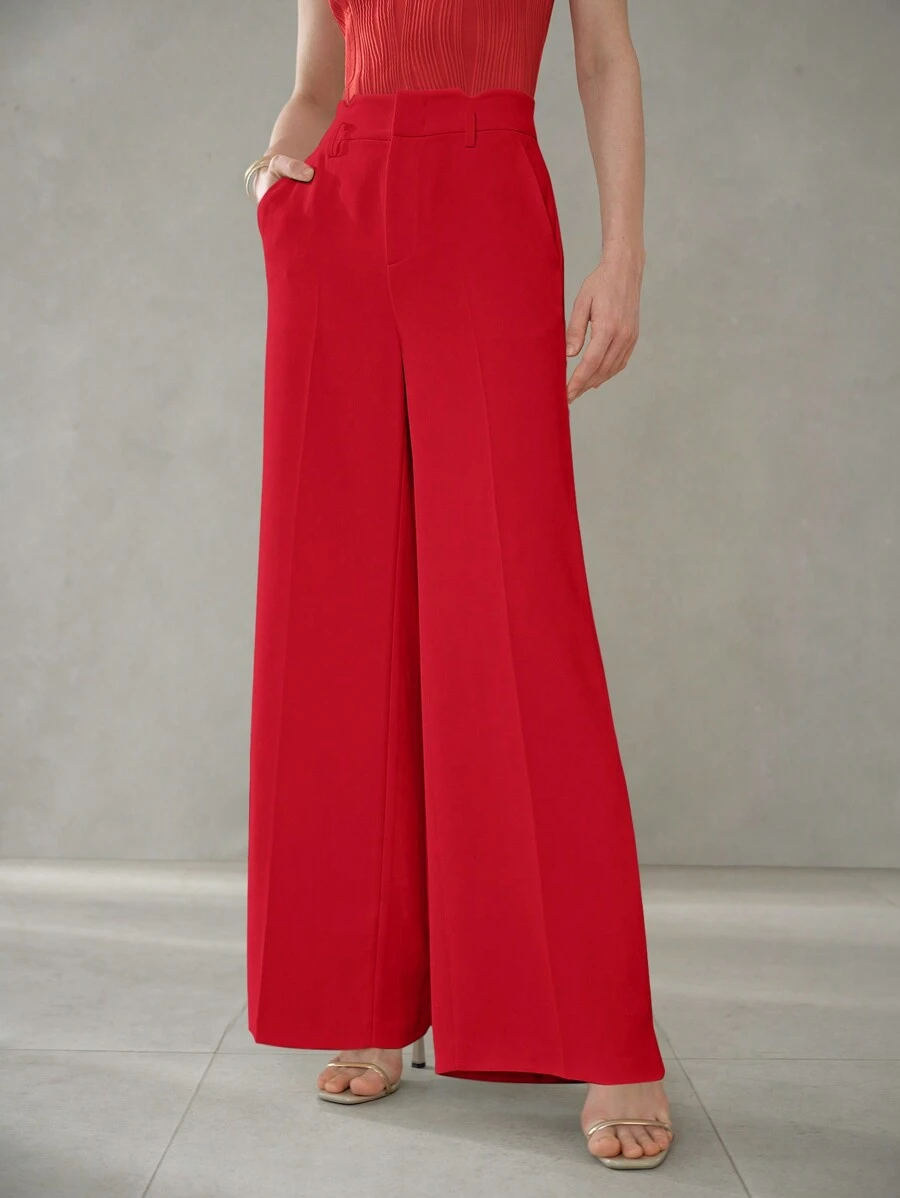 MOTF PREMIUM SOLID SLANT POCKET SEAM FRONT WIDE LEG SUIT PANTS - Red - View 1