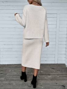 Chiquease 女士落肩长袖毛衣和松紧腰裙套装