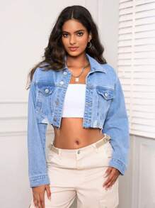 SHEIN PETITE Women's Plain Simple Everyday Long Sleeve Ripped Denim Jacket - Blue - View 5