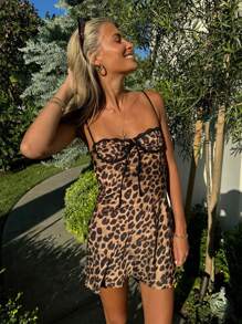 INAWLY Dames luipaardprint eenvoudige casual mini-slipjurk