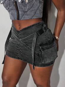 SHEIN Slayr Váy mini xếp nếp màu trơn chữ V - Màu xám đen - Xem 4