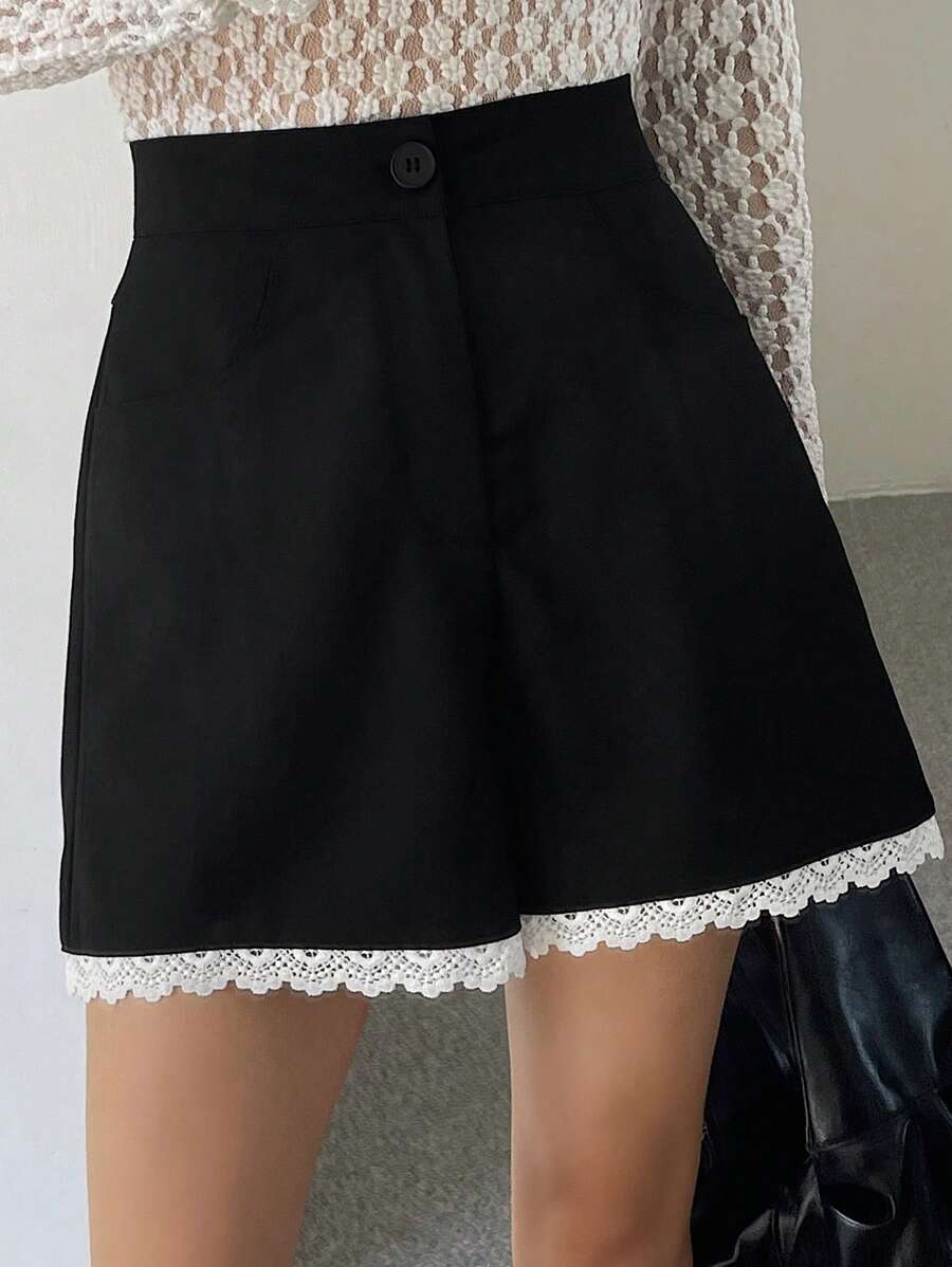 DAZY 女士拼色蕾丝边阔腿短裤