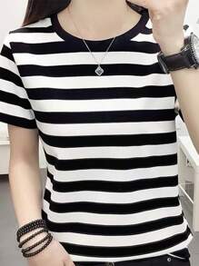 INAWLY 女士夏季条纹印花短袖休闲 T 恤图案 T 恤女式上衣