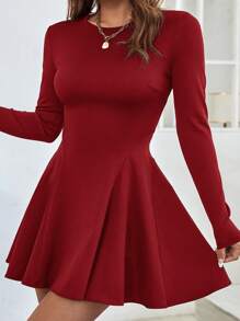 SHEIN VCAY Plus Size Women's Spring And Summer Solid Color Crew Neck Long Sleeve Fitted Elegant Short Dress - Red - View 1