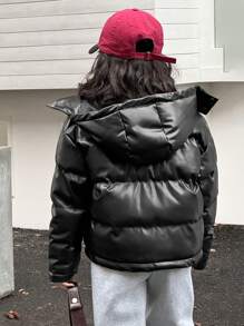 Dazy Kids Abrigo acolchado de unicolor para niñas, chaqueta de cuero para ropa de otoño de niña preadolescente - Negro - Ver 2