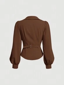 SHEIN MOD Women's Spring & Autumn Solid Color Lantern Sleeve Ruched Waist Split Hem Commuter Blouse,Long Sleeve Tops - Brown - View 2