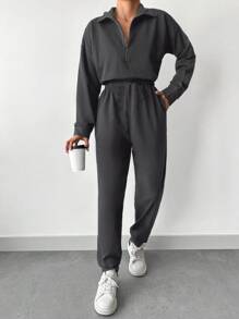 EURMUSE Women's Zipper Half Placket Sweatshirt And Pants Set - Dark Grey - View 5