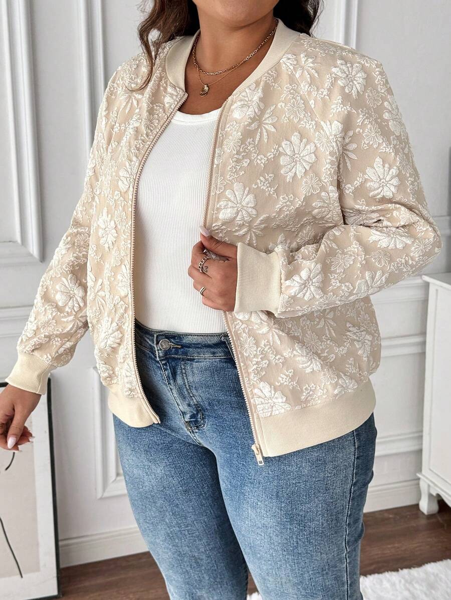 SHEIN LUNE Áo khoác Jacquard họa tiết hoa giản dị mùa xuân/thu cỡ lớn - Màu be - Xem 1
