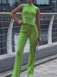 INAWLY Women's Solid Color Casual Sleeveless Tied Blouse & Pants 2-Piece Knitwear Set