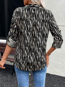 SHEIN LUNE Women's Casual All-Over Print Roll-Up Sleeve Blouse, Spring Autumn - Black - View 2