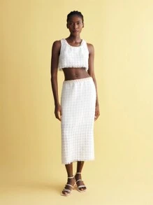 Maija 2 件女式条纹装饰流苏下摆衬衫和优雅 A 字裙套装 - 白色 - 查看 1