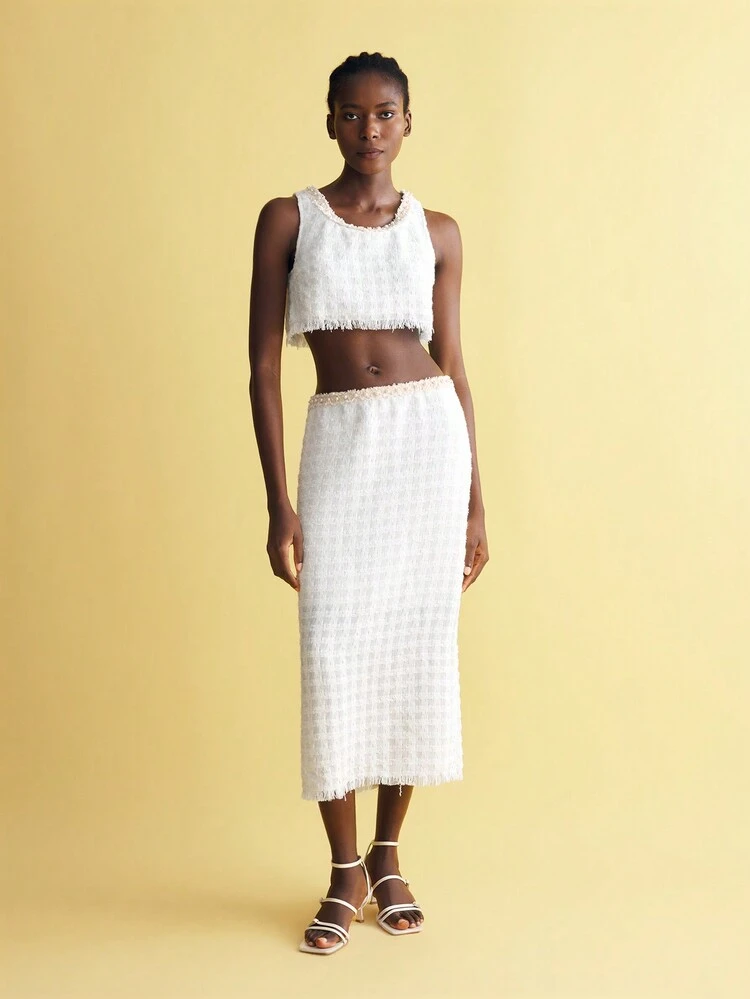 SHEIN Maija 2pcs Women's Striped Decor Tasseled Hem Blouse And Graceful A-Line Skirt Set